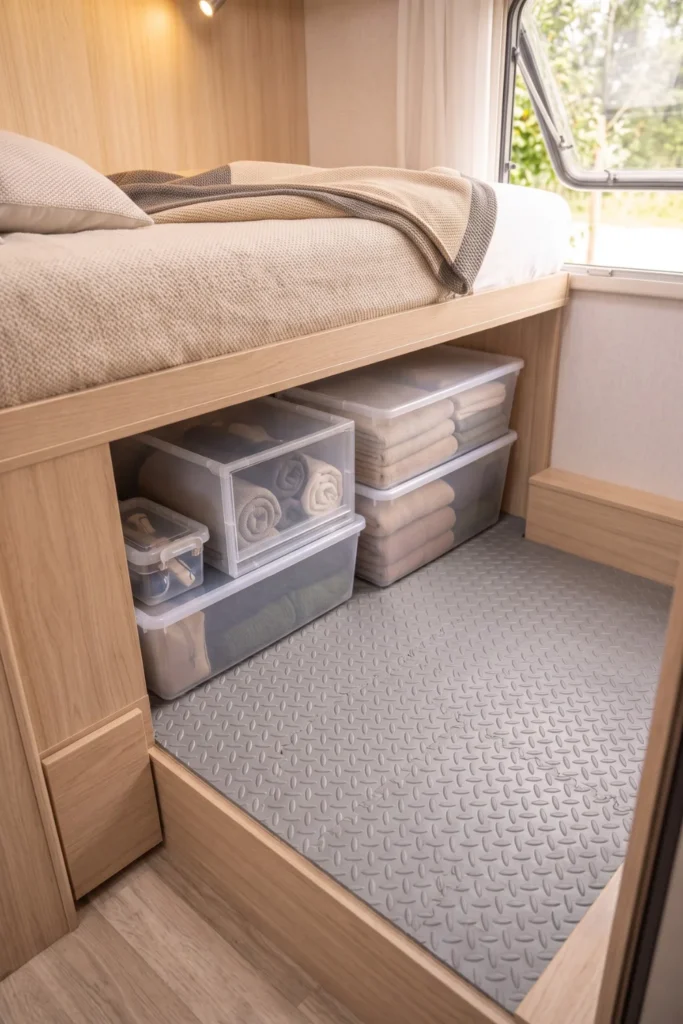 Non-slip rubber liner mat covering the wooden floor of an RV under-bed storage bay