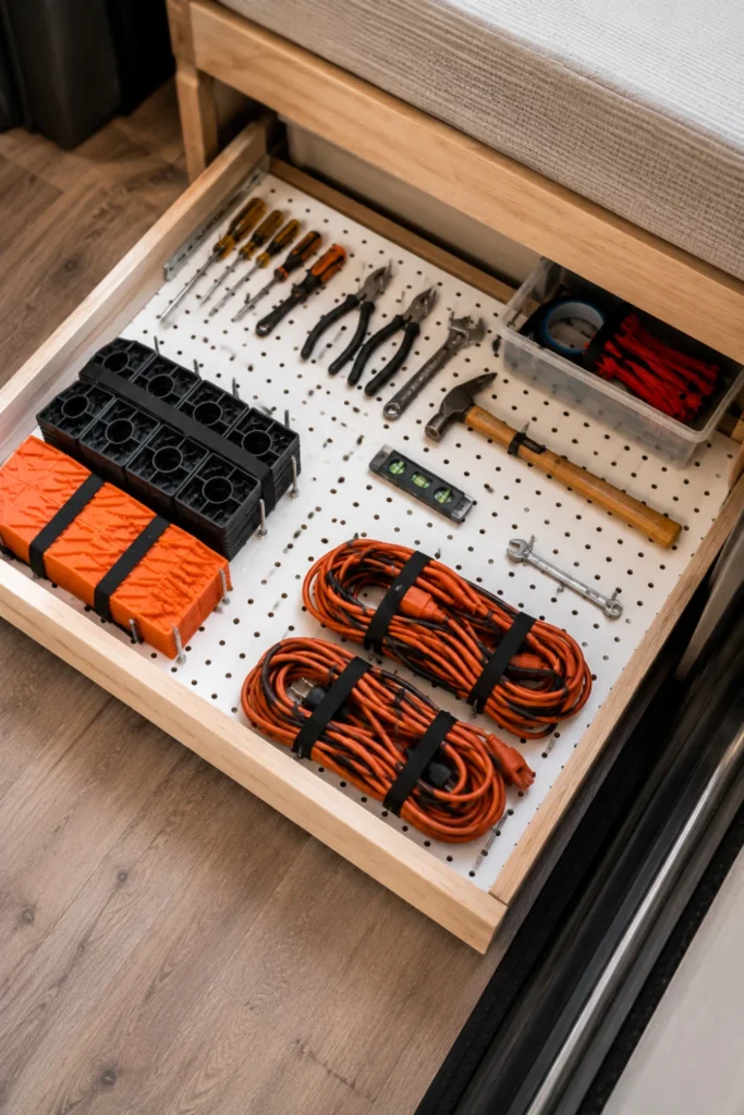 Shallow wooden tray with metal pegboard holding RV tools flat under the bed