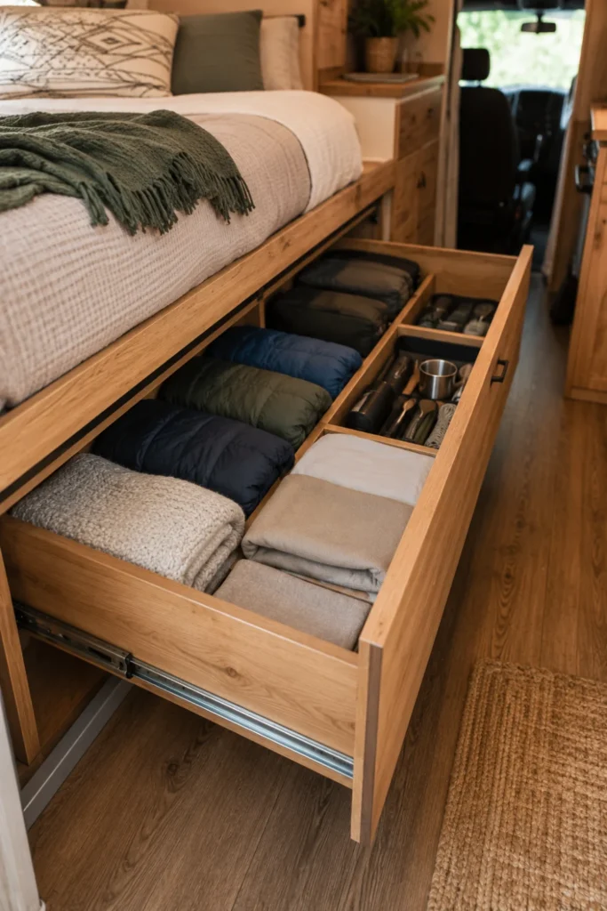 Large wooden under bed drawer pulled out completely on metal slides into an RV aisle