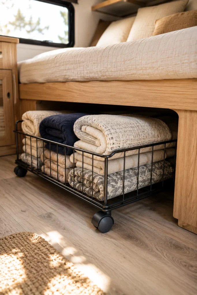 Low-profile wire storage cart with soft rubber wheels rolling out from under an RV bed