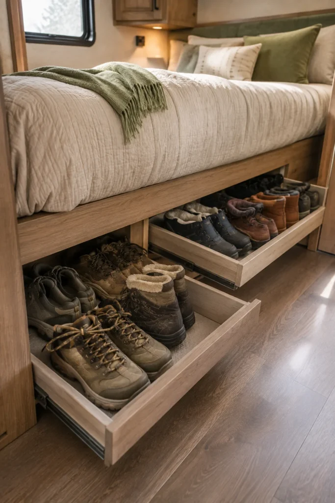 Flat storage bins holding seasonal shoes underneath an RV bed