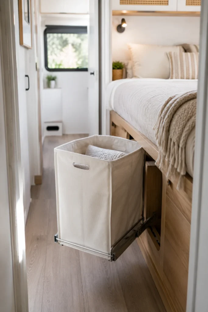 Canvas laundry hamper bag mounted on a sliding frame coming out from under an RV bed