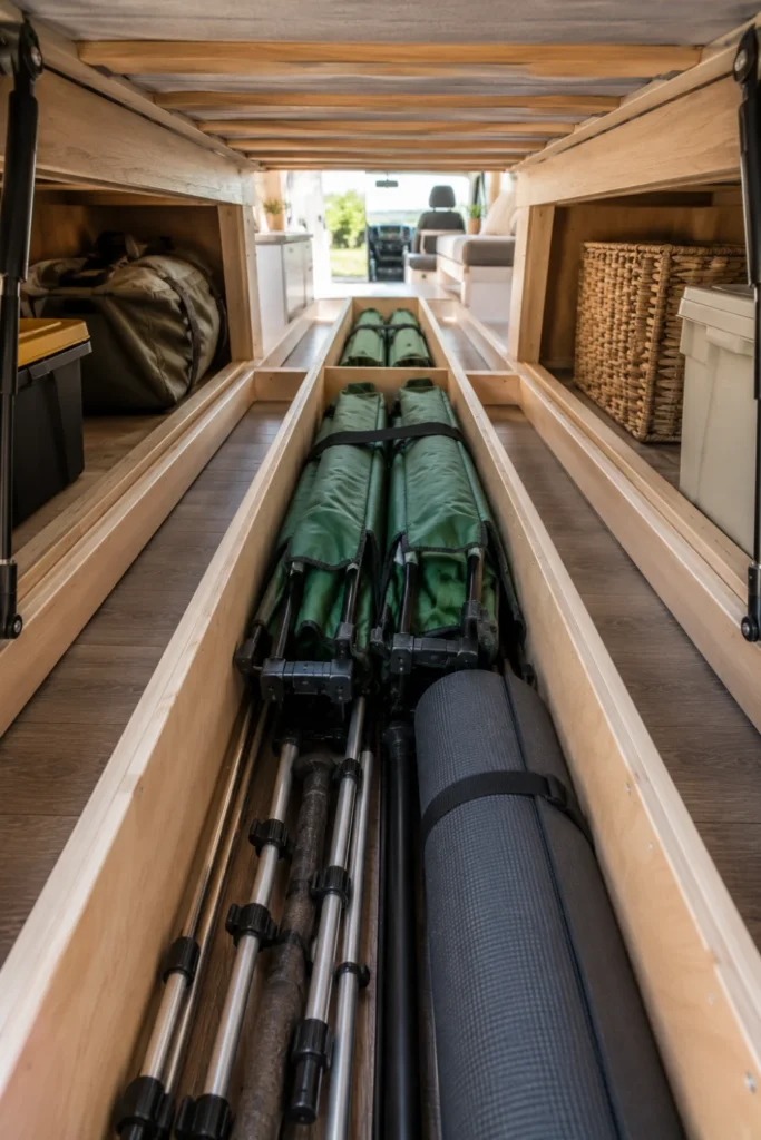 Long wooden compartment under an RV bed storing camping chairs and fishing rods