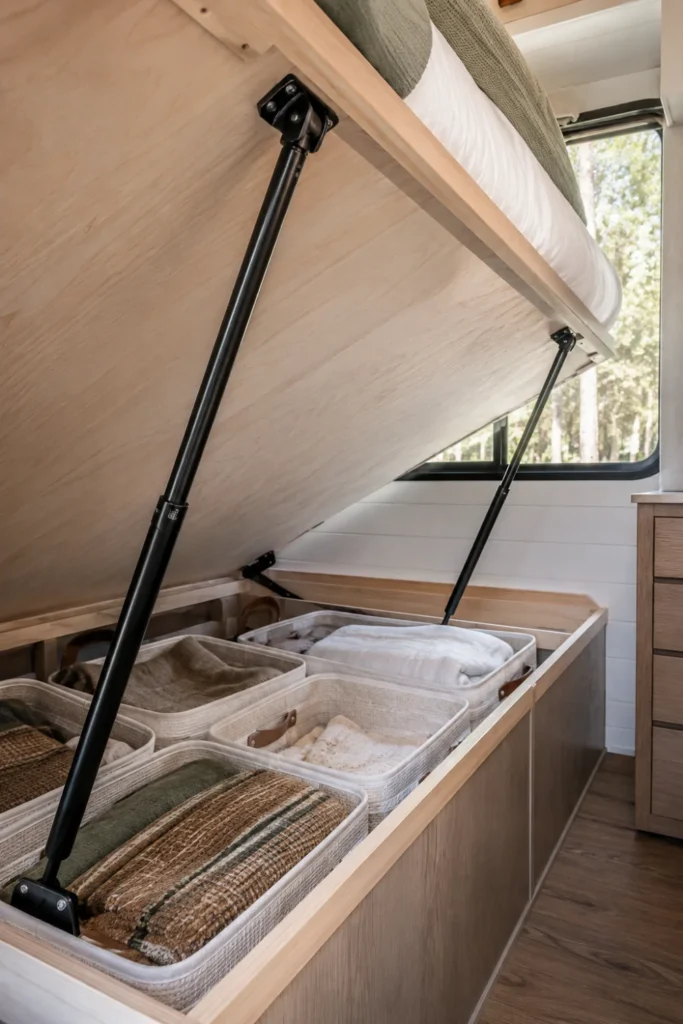 Camper bed frame platform lifted open with gas struts revealing organized under-bed storage bins.