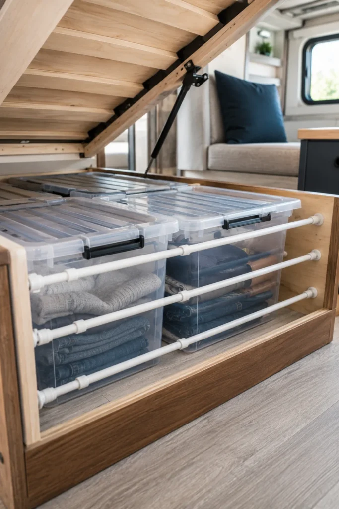 White tension rods used as retainer bars to secure plastic storage bins in an RV