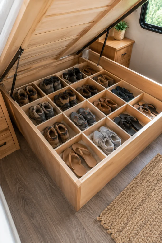 Custom plywood shoe matrix organizer holding shoes inside an RV bed storage space