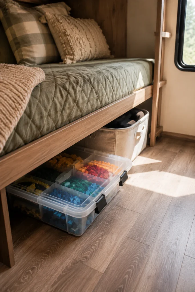 Shallow latching storage bins with caster wheels pulled out from beneath an RV lower bunk bed.