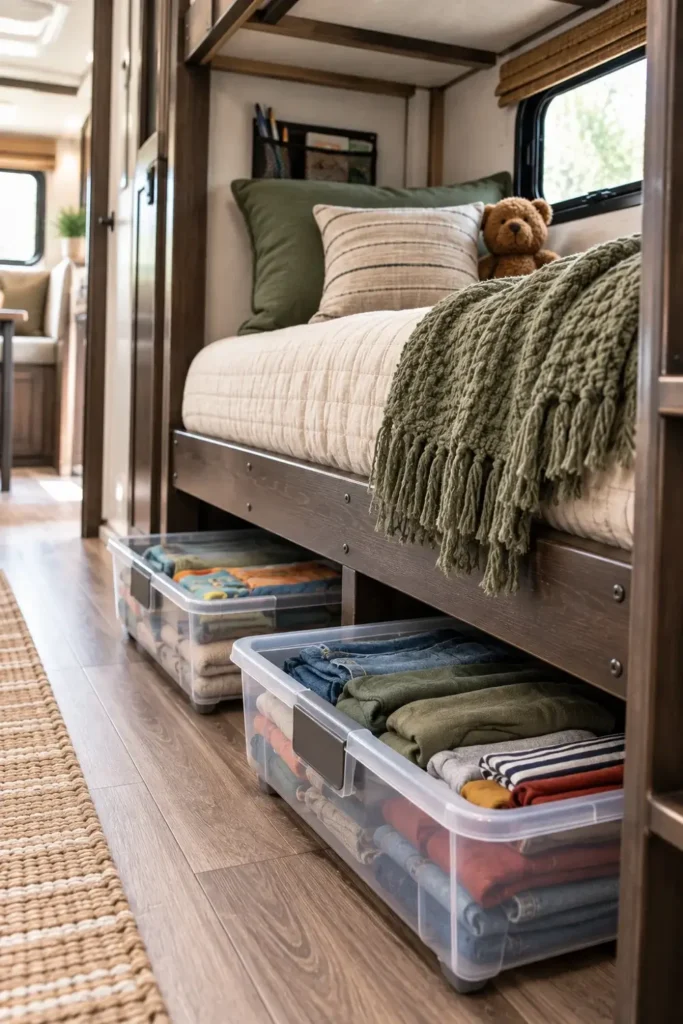 A view of the RV bunkhouse floor showing two low-profile, clear storage bins full of clothes sliding neatly under the bottom bunk frame.
