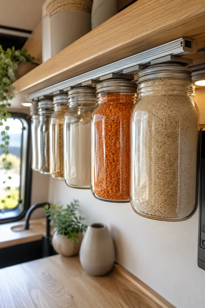 Glass jars mounted on aluminum T-tracks under upper camper cabinets.