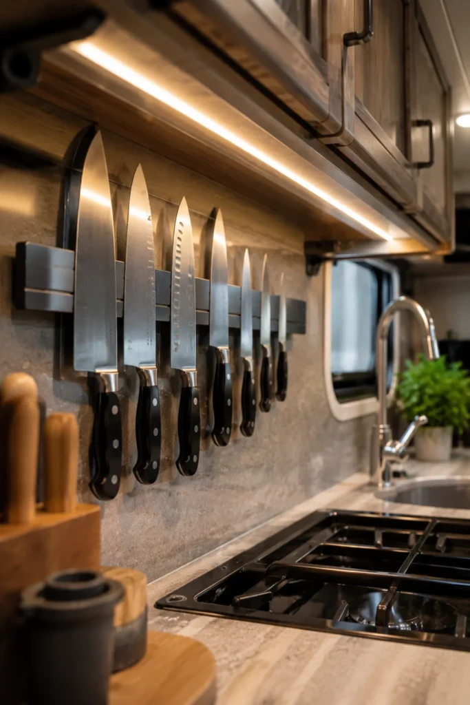 Magnetic knife strip mounted under camper upper kitchen cabinets.
