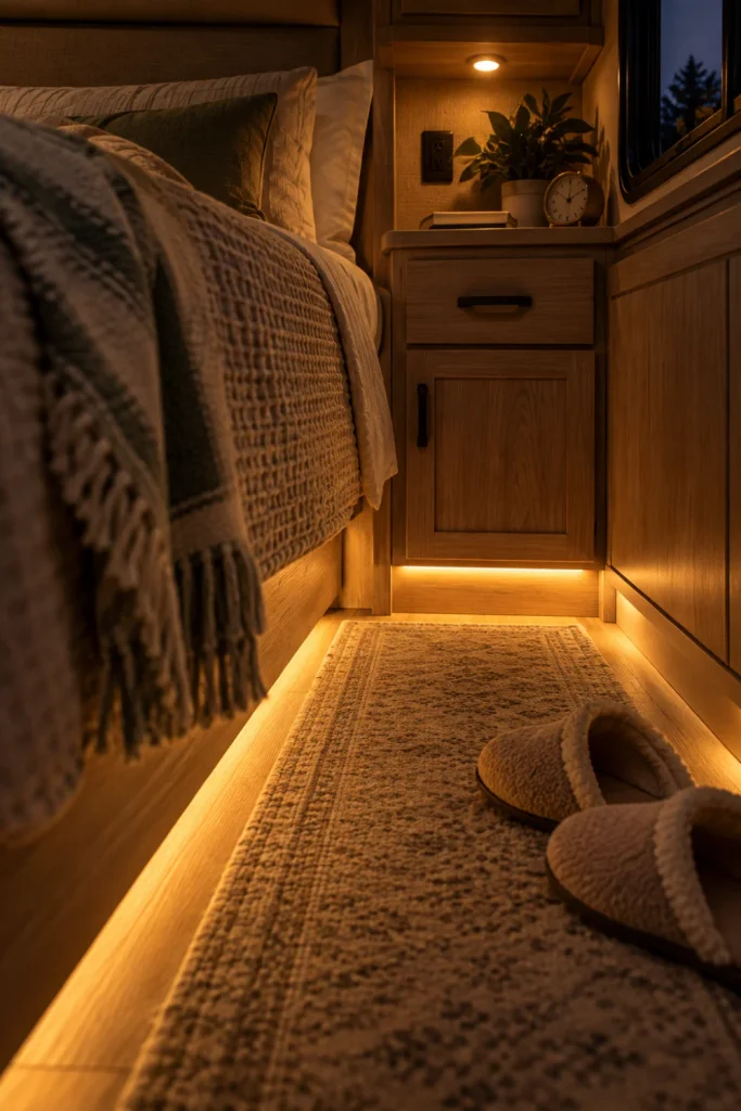 A low-angle shot in an RV bedroom showing a soft, warm amber glow cast onto the floor rug by an LED strip fastened discreetly under the base of a bedroom cabinet.

