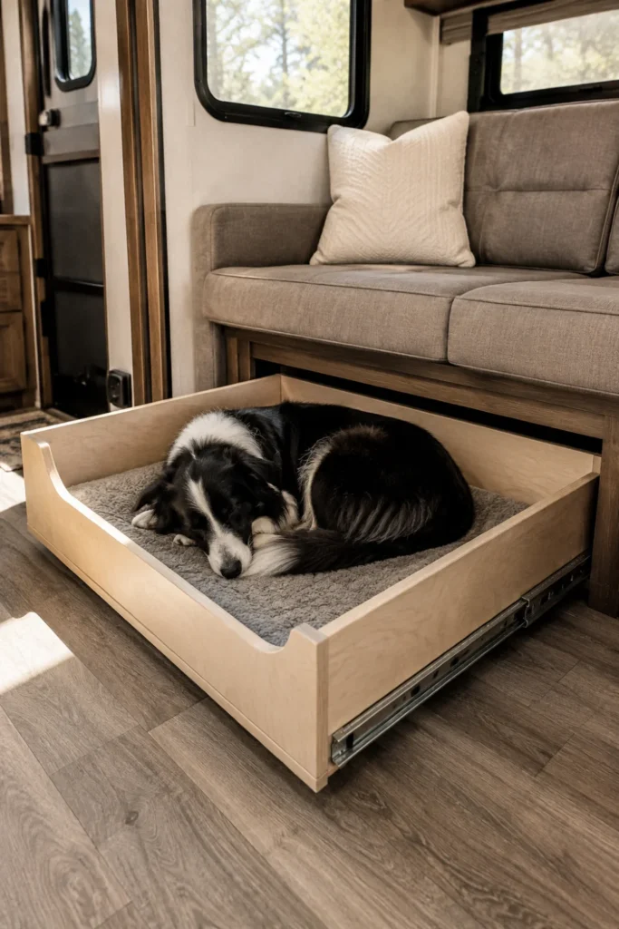 Custom roll-out drawer dog bed on heavy-duty glides sliding out from beneath an RV sofa.