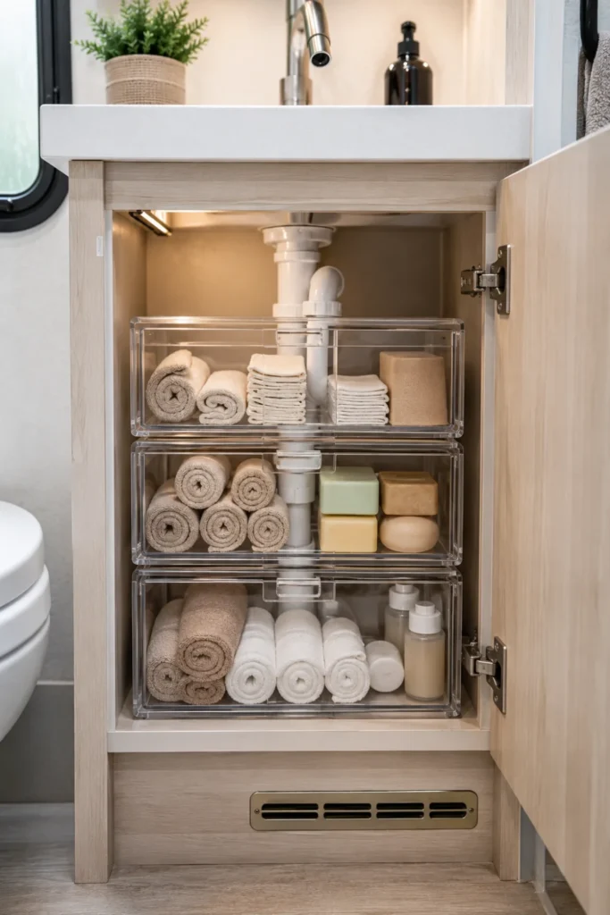 Clear acrylic storage drawers stacked around pipes under a camper bathroom sink.