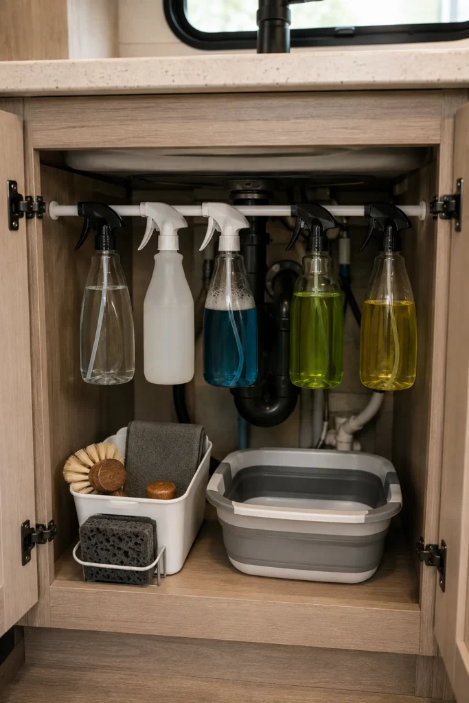Tension rod installed under an RV kitchen sink holding spray bottles above camper plumbing lines.