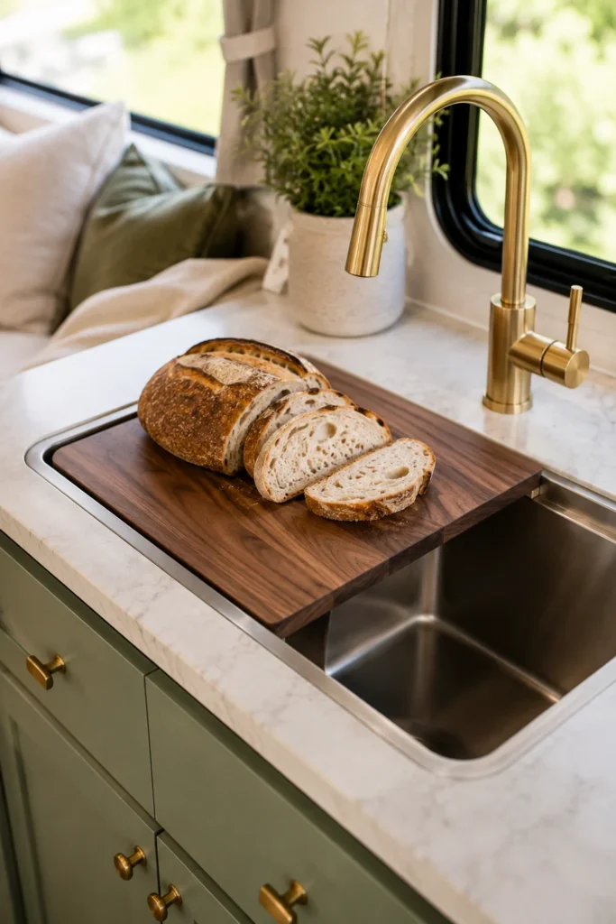 Single-basin stainless steel RV workstation sink with a custom walnut cutting board lid insert extending counter prep space.