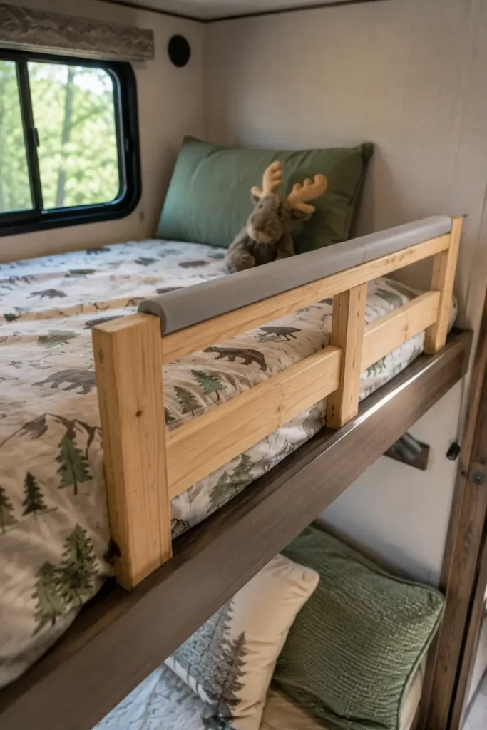 A custom-built, removable wooden safety rail with soft foam edges is fitted securely onto an upper RV bunk to prevent falls.