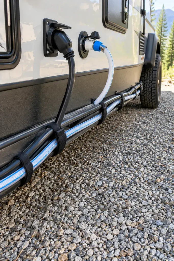 Cleanly routed and strapped RV shore power cord and fresh water hose running tight against the trailer frame.