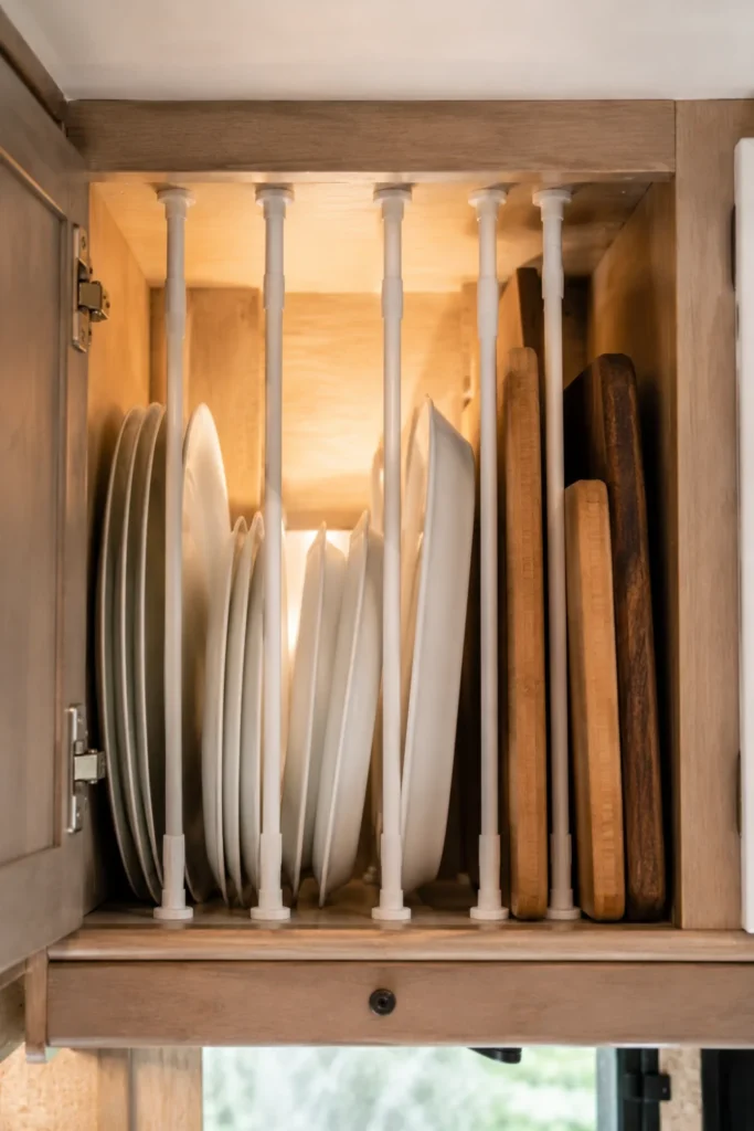 Spring tension rods placed vertically to separate plates in camper cabinets.