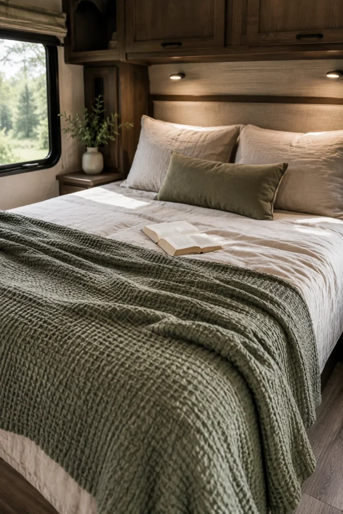 Washed cotton waffle weave coverlet tucked neatly on a camper master bed.