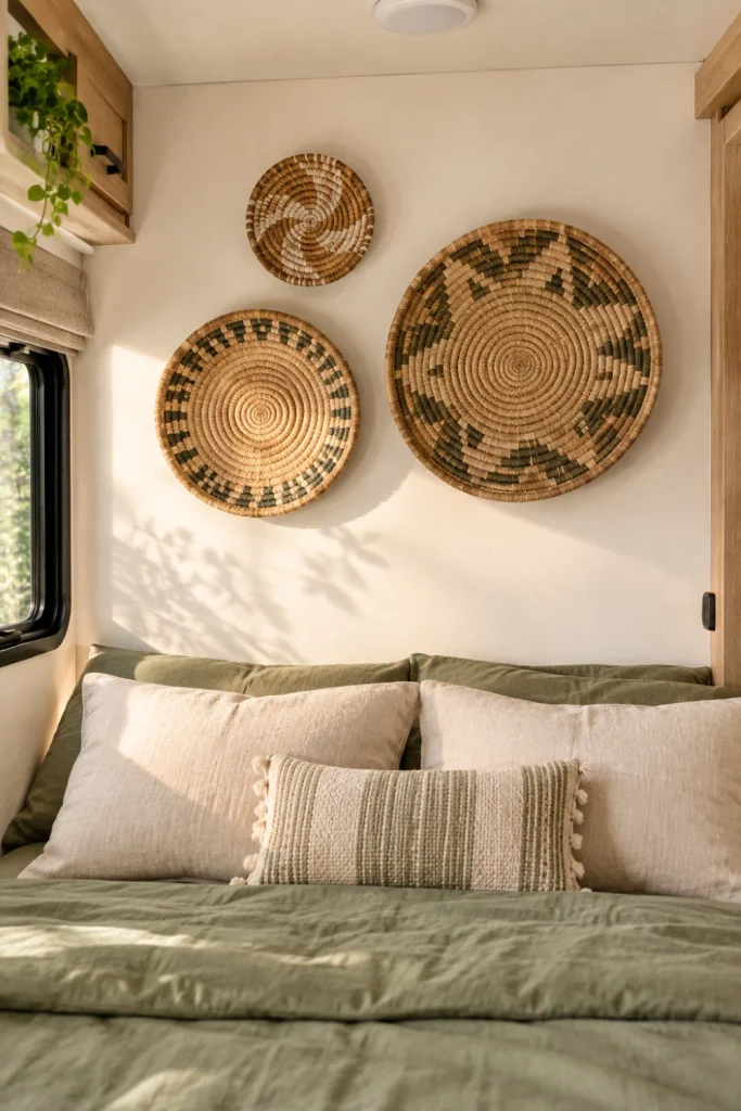 A trio of flat, circular woven baskets of varying sizes and patterns hung decoratively on an off-white RV bedroom wall above the bed using invisible Command strips.
