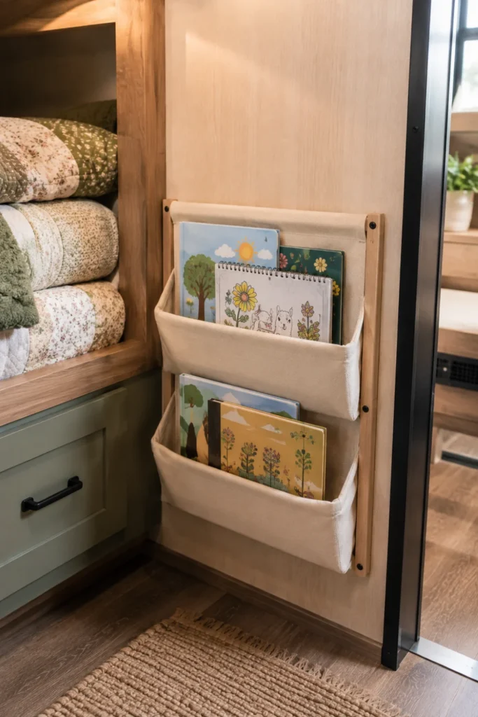 Soft wall-mounted fabric book sling holding children's paperbacks in an RV camper bunk nook.