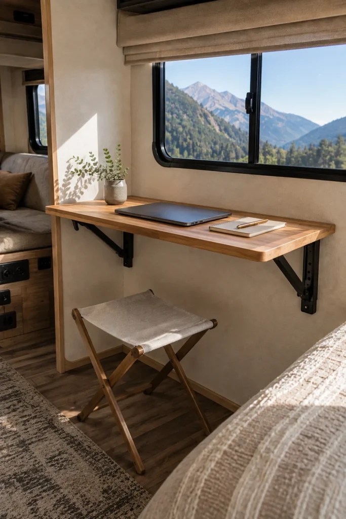 Heavy-duty wall-mounted drop-leaf folding desk holding a laptop inside a compact travel trailer.