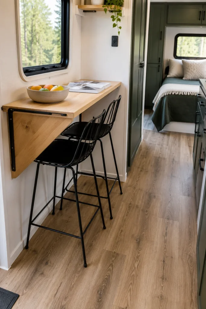 Wall-mounted drop-leaf pine dining table folded out in a bright RV living area with open walkway space.
