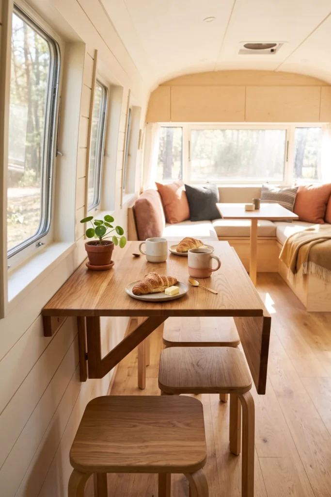 Wall-mounted wooden drop-leaf table replacing a bulky dinette in a small RV.