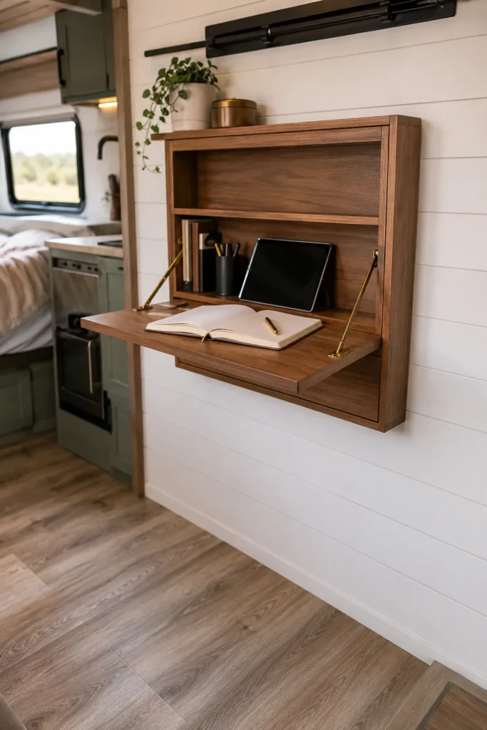 Fold-down Murphy desk mounted to an RV wall providing a floating work surface without cluttering the floor.