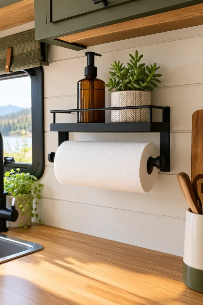 Matte black paper towel holder with a built-in top shelf holding dish soap in a camper kitchen