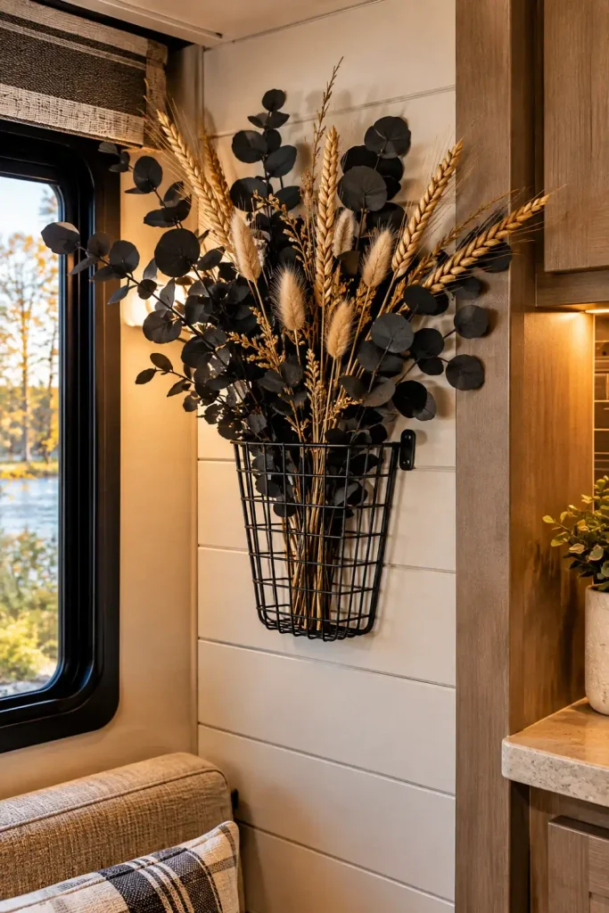 Black faux eucalyptus and golden wheat stems arranged in a wall-mounted wire basket inside an RV.