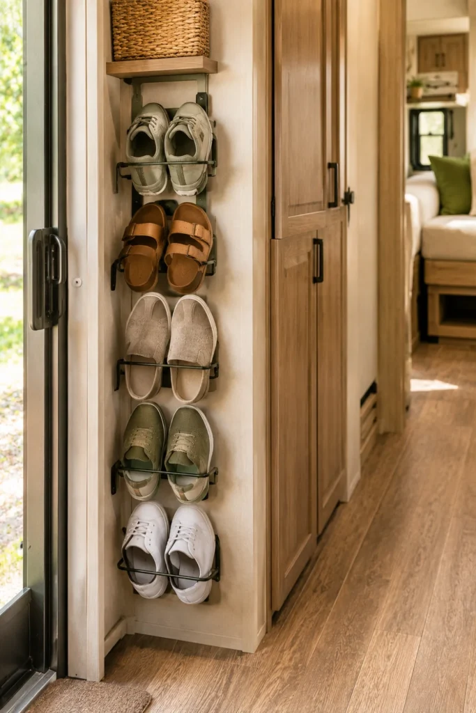 Vertical wall shoe rail storing footwear in a narrow RV entryway