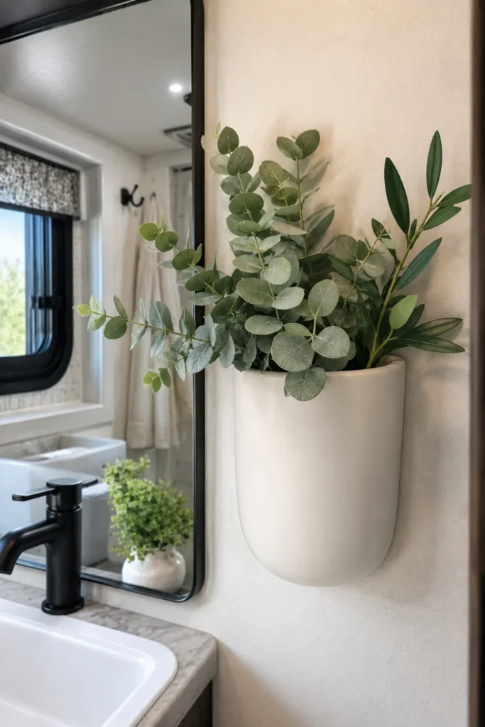Matte ceramic wall pocket with faux eucalyptus greenery mounted on an RV wall.