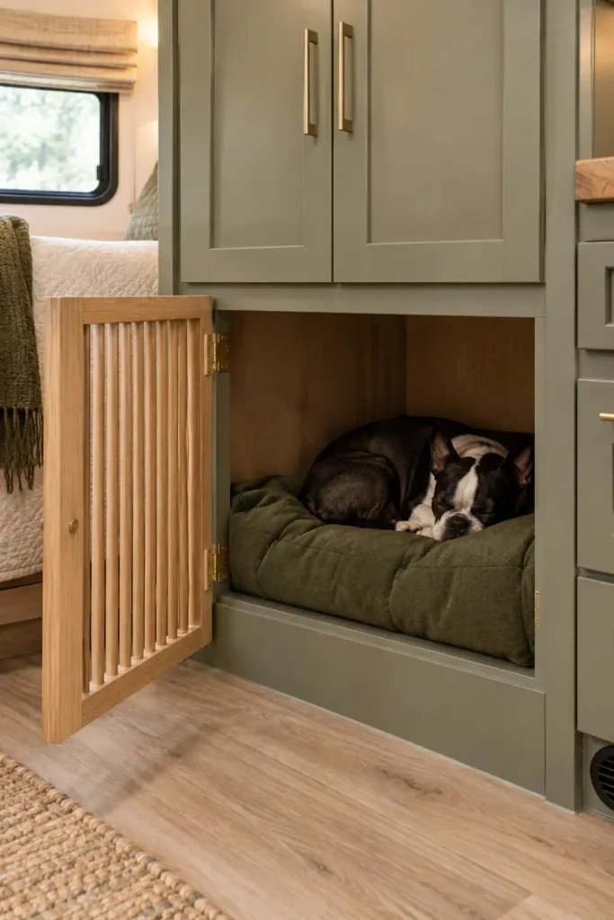 Bottom RV wardrobe cabinet transformed into a built-in pet den with a vertical slat gate.
