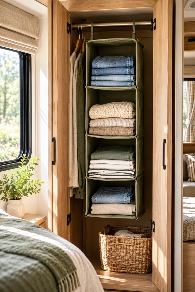 A sage-green canvas hanging shelf organizer mounted inside a narrow RV wardrobe filled with neatly folded jeans and sweaters.