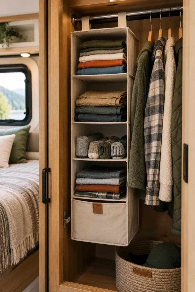 Multi-tier canvas hanging organizer inside a small RV wardrobe closet with neatly rolled clothes.