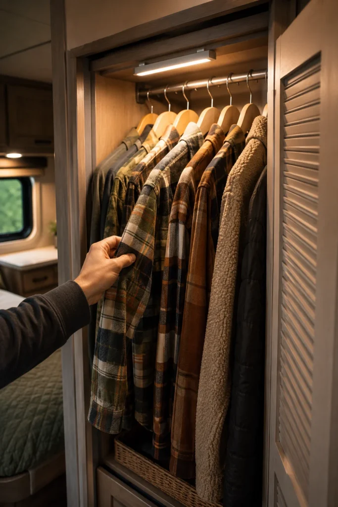 Slim rechargeable LED light bar illuminating clothes hanging inside a narrow RV wardrobe closet.