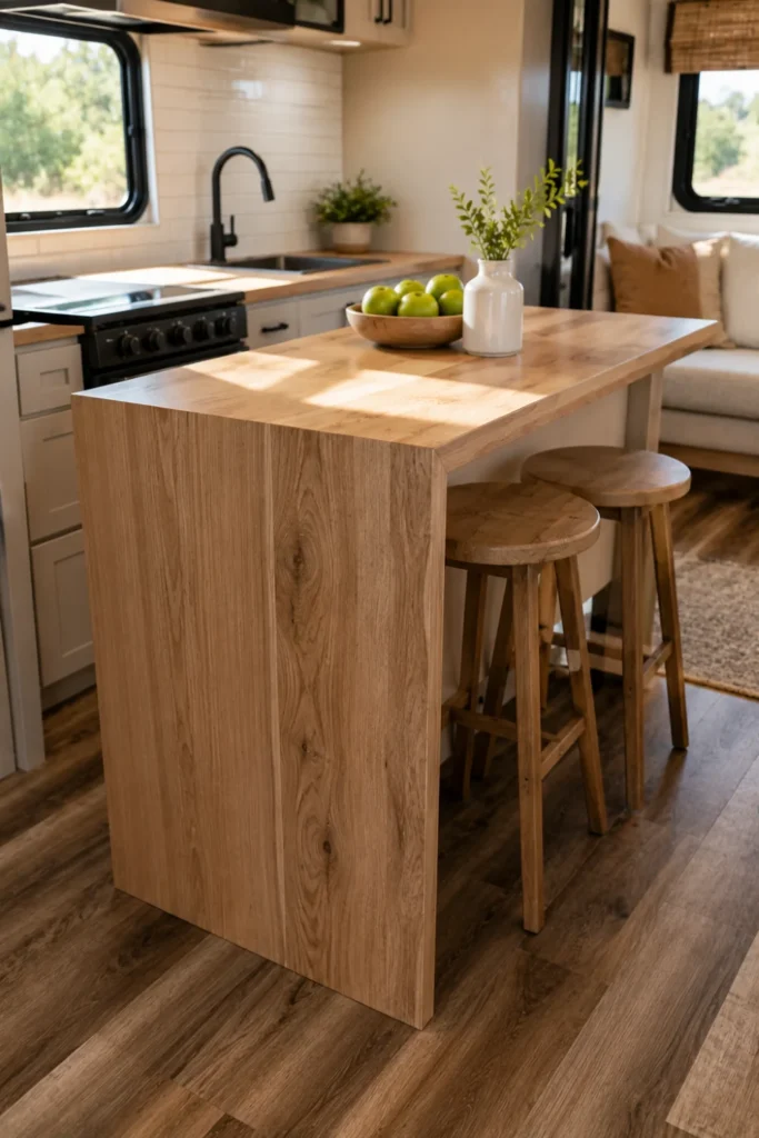 Modern waterfall wood countertop dining bar with backless stools tucked underneath in an RV kitchen.

