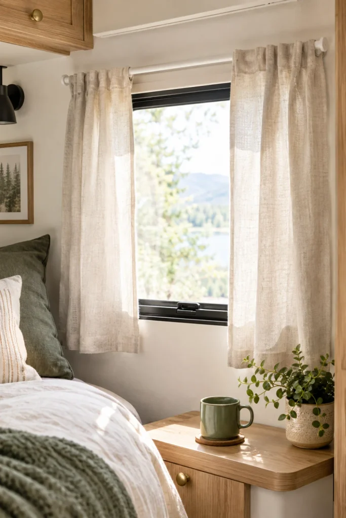 A close-up view of a small RV bedroom window where a simple white tension rod holds light beige linen curtains, replacing the bulky factory valance. The light is soft and inviting.
