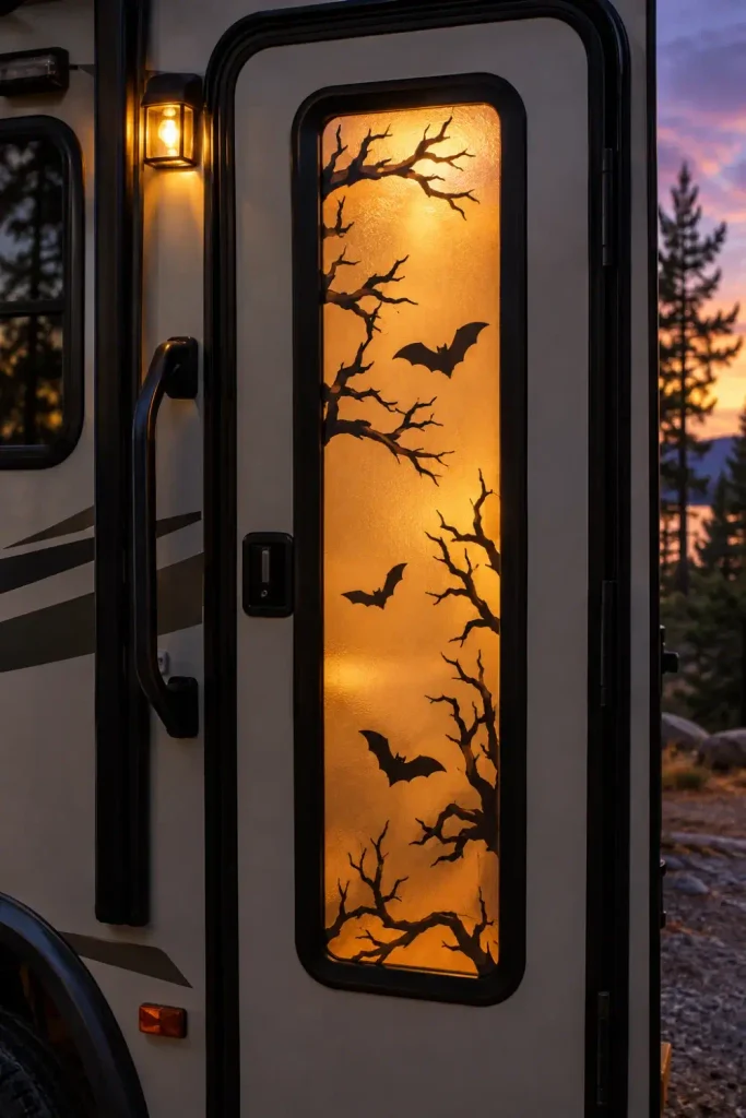 Frosted camper door window glowing from inside with black vinyl tree branch and bat silhouette clings