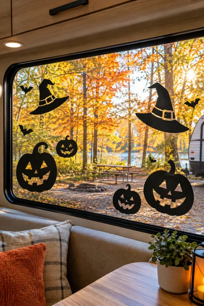 Matte black jack-o'-lantern vinyl silhouettes pressed on a camper window overlooking fall campground trees.