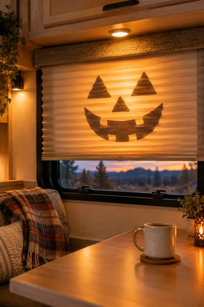 Jack-o'-lantern face cutout taped behind an RV pleated night shade, backlit by warm indoor cabin lights.
