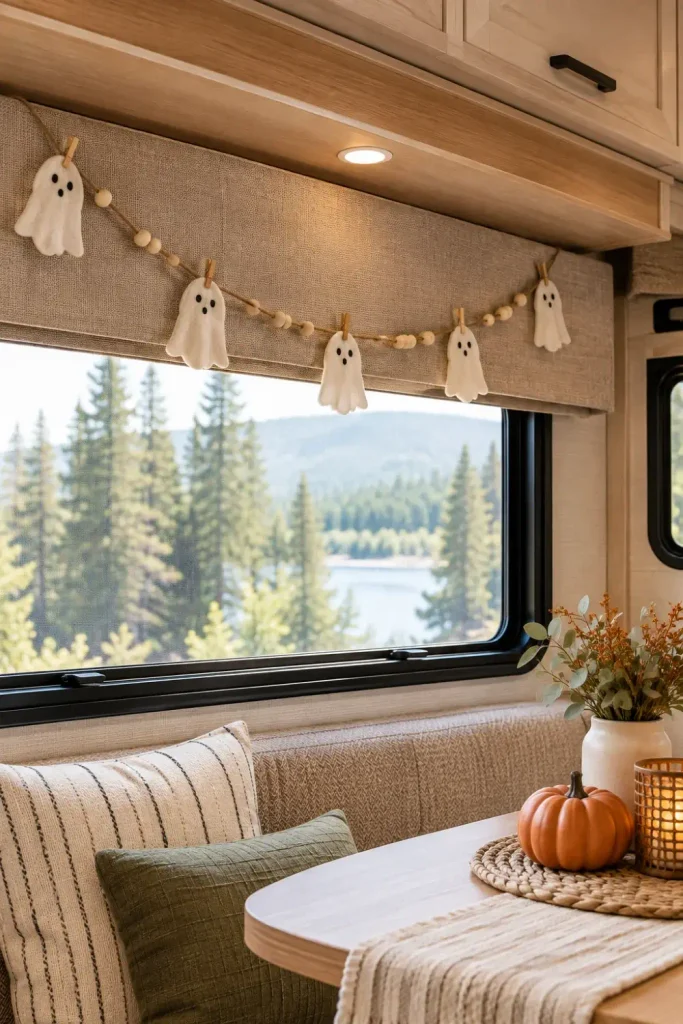White felt ghost and wood bead garland pinned across an RV fabric window valance.