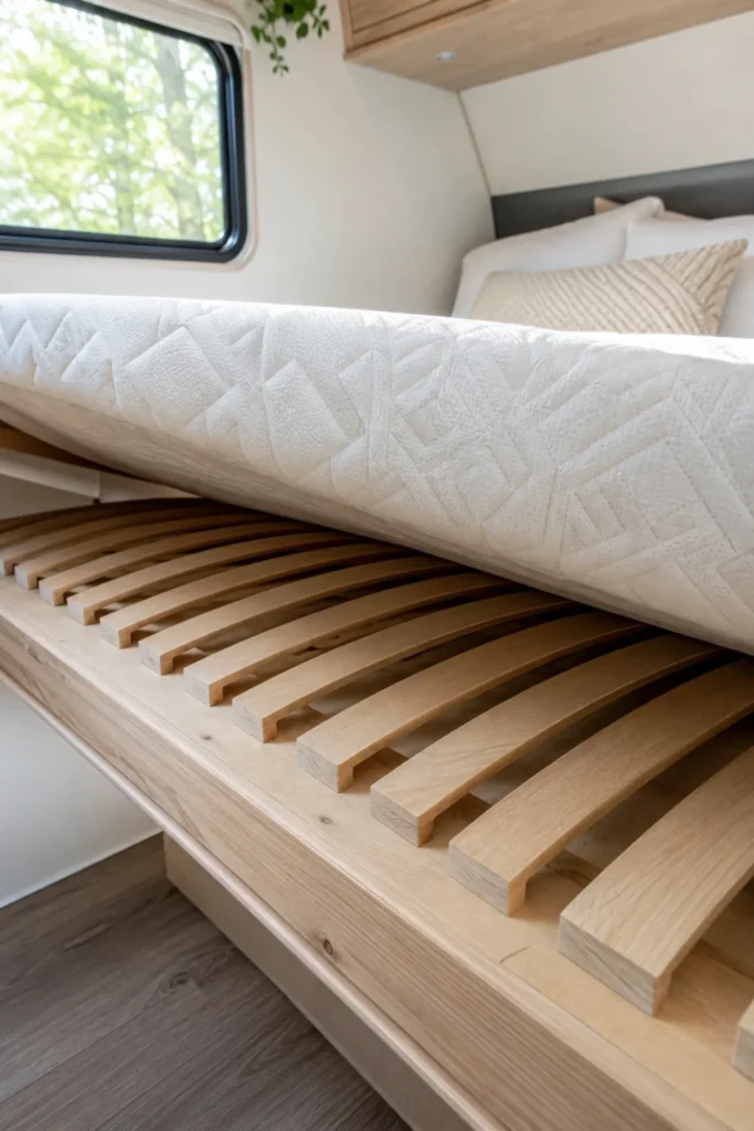 Flexible wooden mattress ventilation slats installed on an RV bed platform.