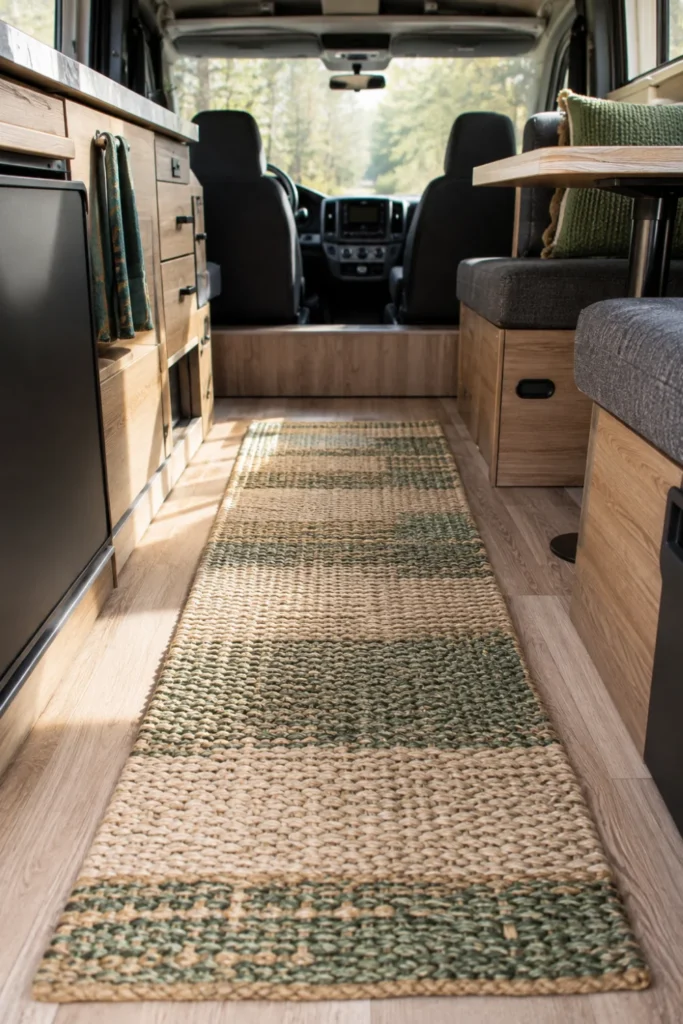 Thick woven runner rug laid down the center hallway of a modern camper.