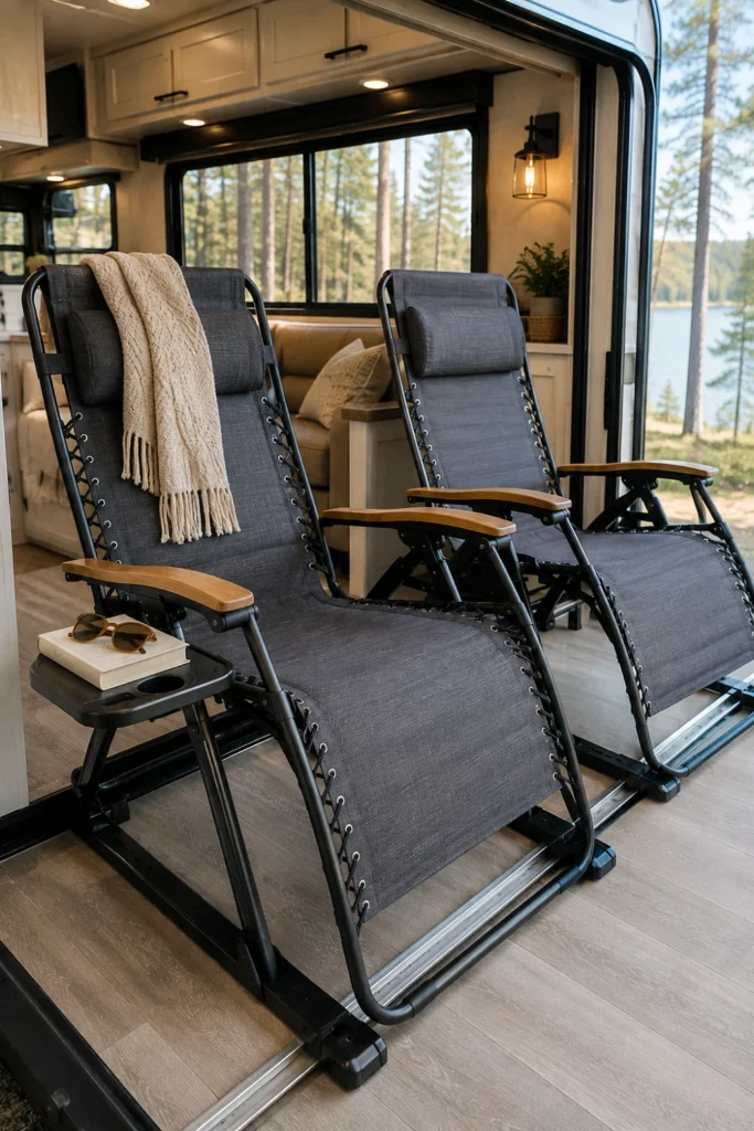 Two zero-gravity reclining camp chairs set up inside an RV living area for dual indoor and outdoor seating.