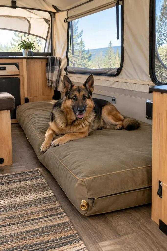 Durable self-inflating camping pad enclosed in a heavy canvas slipcover used as an RV dog bed.
