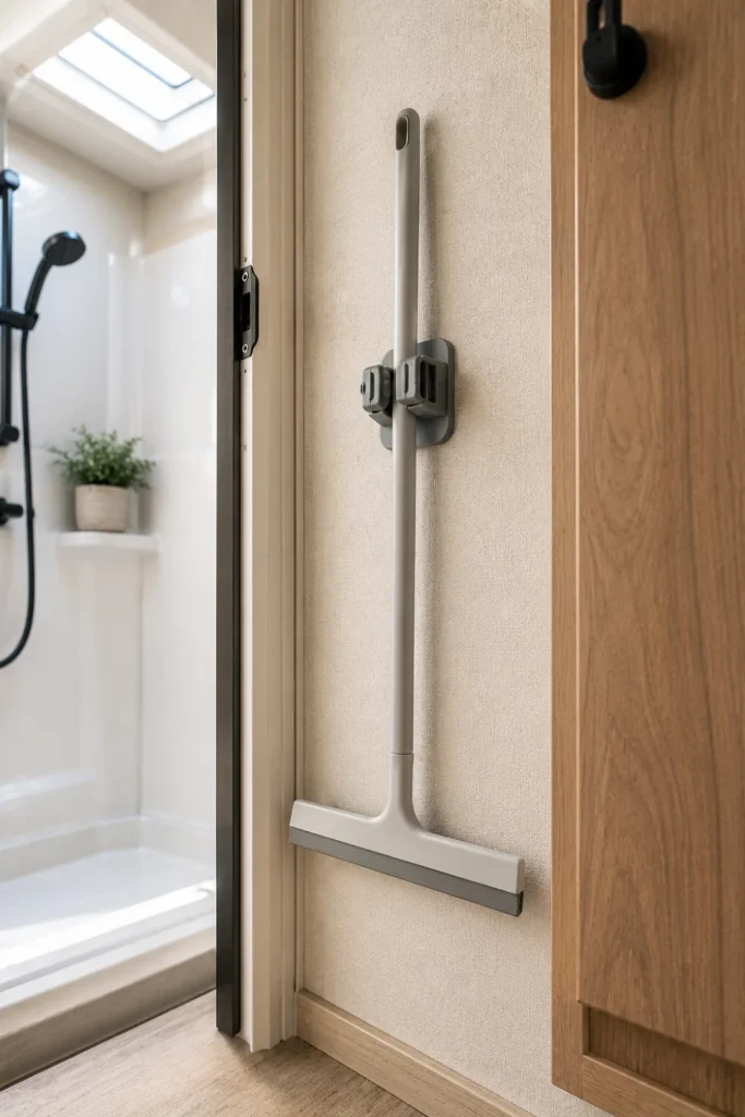 Silicone roller clip holding a shower squeegee handle upright on a narrow RV bathroom wall.