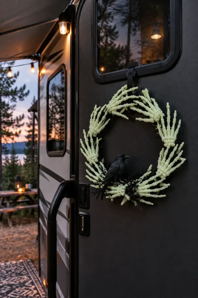 Flat circular wreath made of skeleton hands hanging on a dark camper door at dusk.
