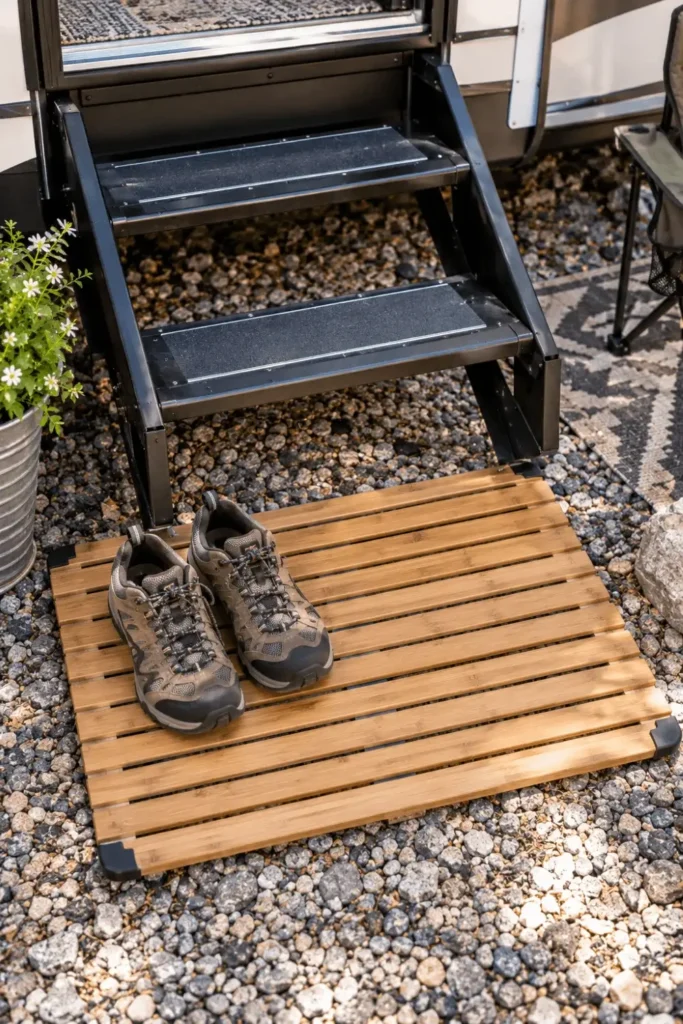 Slatted bamboo drainage mat placed beneath the bottom RV entry step.